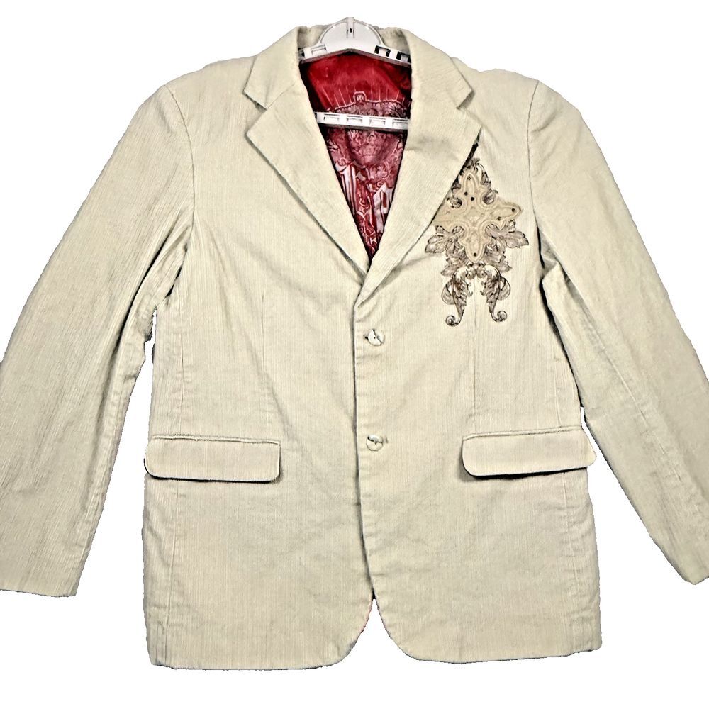 Franky Max Men's Corduroy Sport Coat L Khaki Embroidered Embellished Motto READ